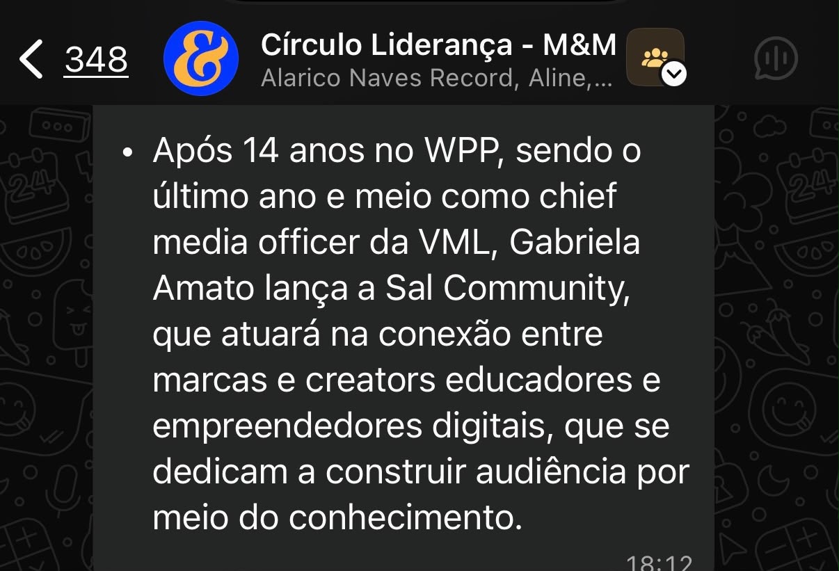 Publicação sobre o lançamento da Sal Community por Gabriela Amato